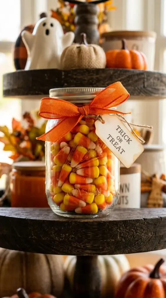 16 Cute Halloween Tiered Tray Black and Orange Classic Style 2 2. The Candy Corn Glass Jar