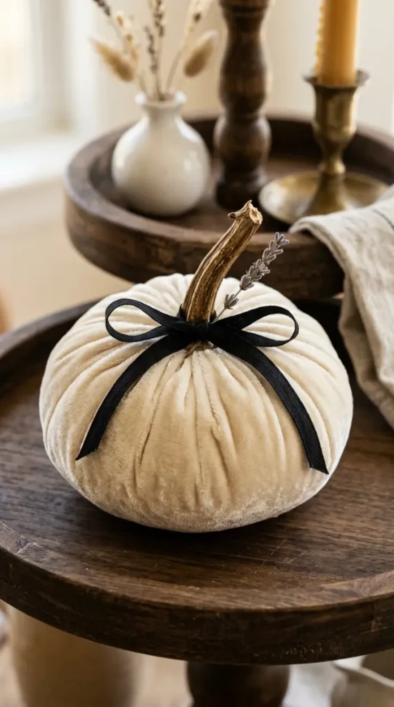 16 Halloween Tiered Tray Ideas Neutral Sophisticated Style 2 2. The Cream Velvet Pumpkin as Neutral Hero