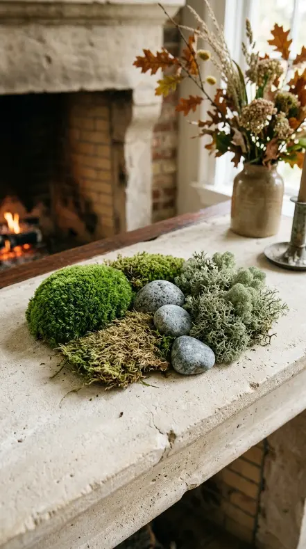 15 Fall Mantel Decor Ideas for a Botanical Nature Inspired Look 2 2. The Dried Moss and Forest Floor Cluster