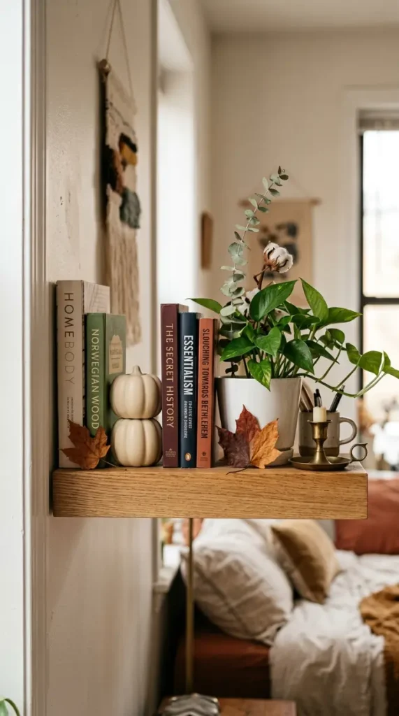 14 Small Space Fall Decorating Ideas for a Studio Apartment 2 2. The Floating Shelf Fall Integration