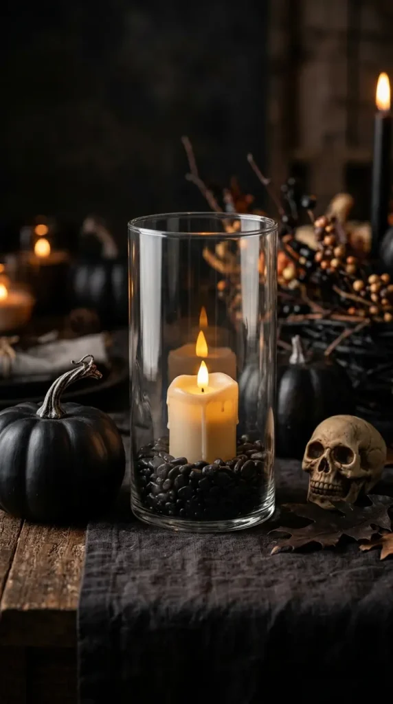 15 Dollar Tree Halloween Decor Window and Table Vignette Style 2 2. The Glass Vase Battery Votive Luminary