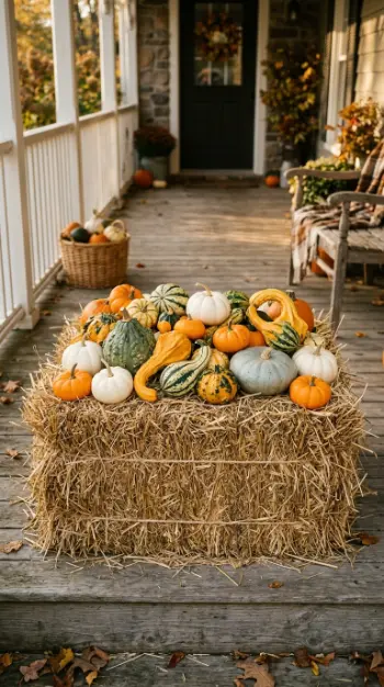 13 Outdoor Halloween Display Farmhouse Harvest Porch Style 2 2. The Hay Bale with Gourd Scatter