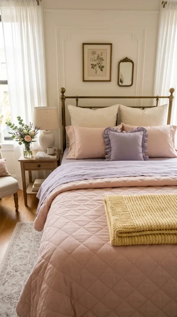 24 Apartment Bedroom Decor Pastel Dreamy Feminine Style 2 2. The Layered Pastel Bedding Stack