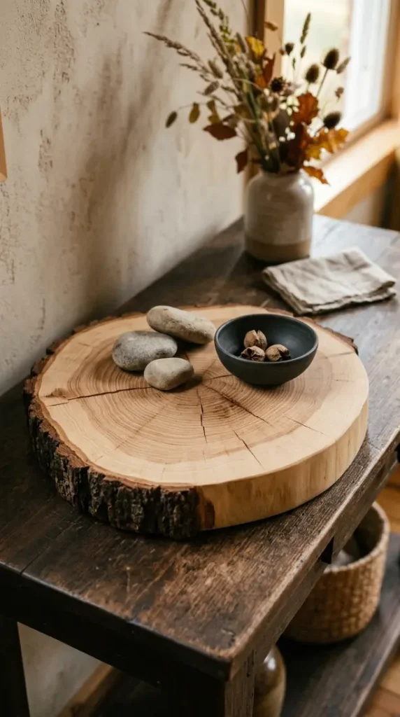 12 Neutral Fall Decor Ideas for an Entryway Console in Organic Style 2 2. The Living Edge Wood Slice Platform