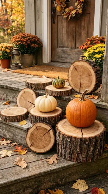 13 Rustic Fall Decorating Front Porch and Entryway Style 2 2. The Log Round Pumpkin Riser System