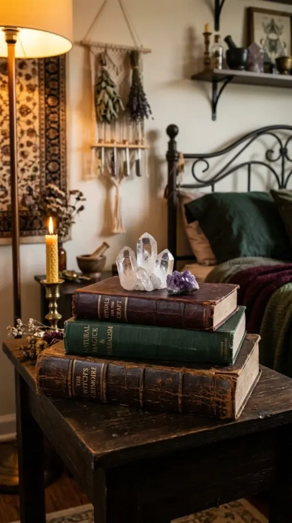 13 Cozy Halloween Decor Witchy Bedroom Corner Style 2 2. The Spell Book Stack with Crystal Top