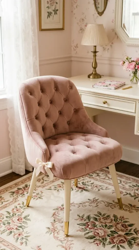 10 Home Office Ideas for Women Coquette Pink Arch Gold Style 2 2. The Tufted Blush Velvet Chair