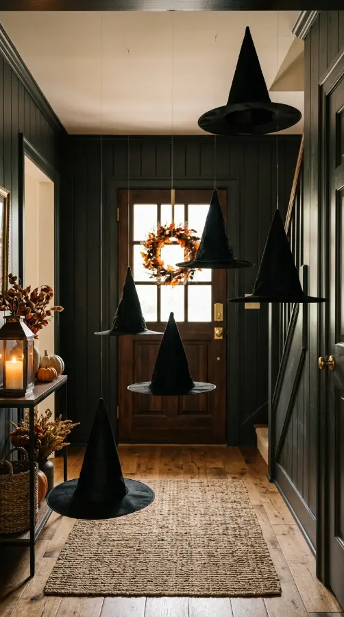 12 Easy Halloween Entryway Decor Witchy Floating Hats Style 2 2. The Varied-Height Cascading Installation