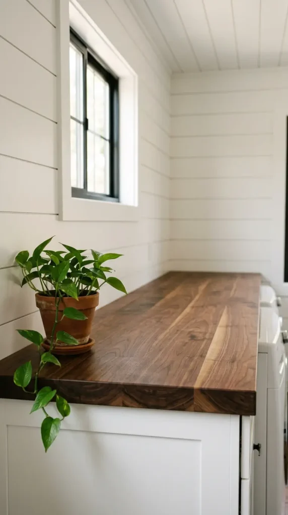 15 Laundry Room Designs Modern Farmhouse Shiplap and Warm Wood 2 2. The Walnut Counter on White Shiplap