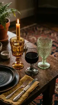 15 Vintage Glassware Ideas for an Eclectic Table 2 2. Three Mismatched Colored Goblets at a Single Place Setting