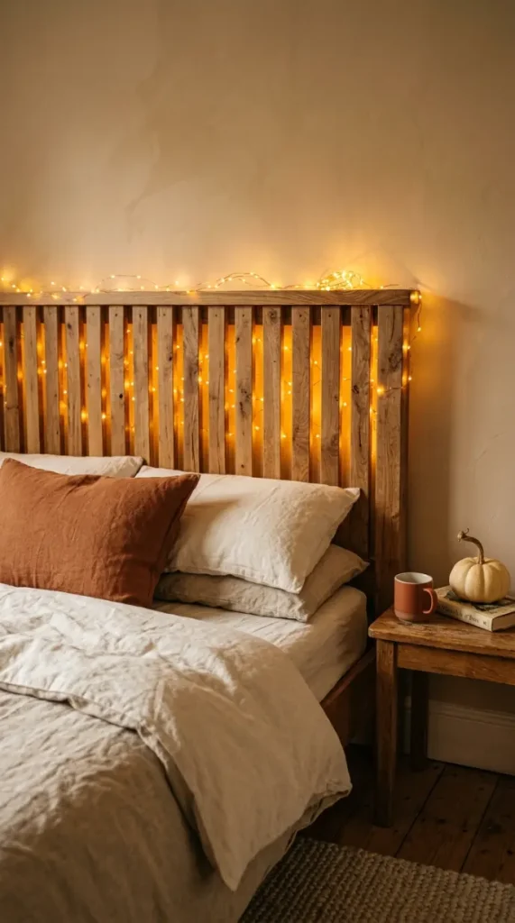 15 Small Space Fall Decorating Ideas Bedroom Corner Style 2 2. Warm String Lights Behind a Headboard