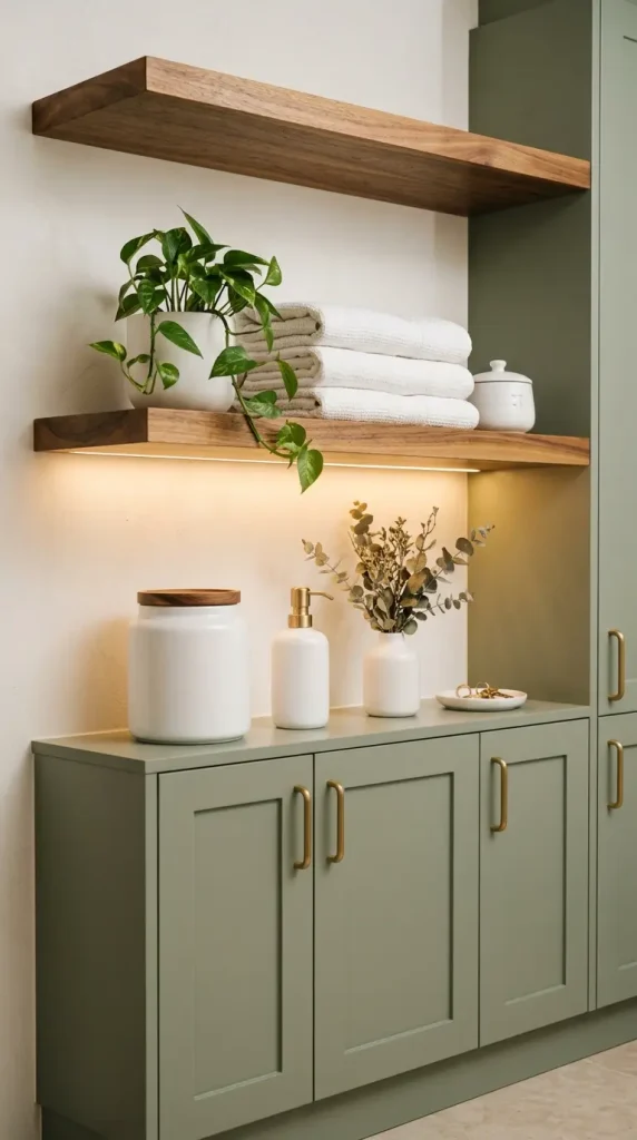 20 Luxury Laundry Room Ideas Sage Green Walnut Warm Style 2 2. Warm Walnut Floating Shelves Above Cabinetry