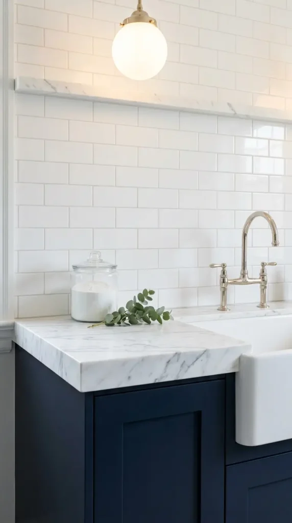12 Luxury Laundry Room Ideas Navy White Nautical Refined 2 2. White Carrara Marble Worktop With Grey Veining