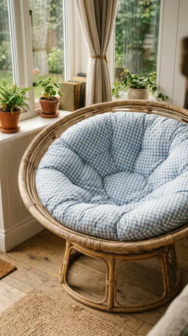 20 Summer Cottagecore Sunroom Gingham Sitting Corner 2 2. Wicker Papasan Chair with Gingham Cushion