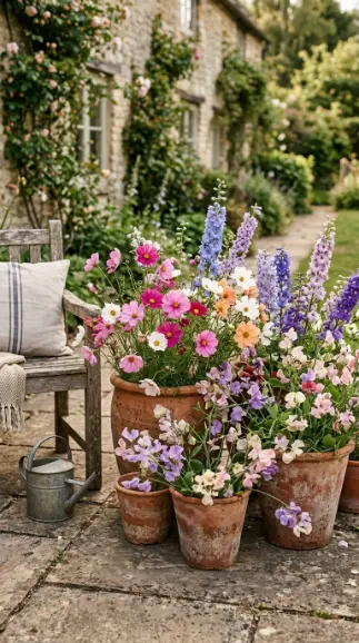 14 Summer Cottagecore Garden Patio Wildflower Sitting 2 2. Wildflower Filled Terracotta Pots