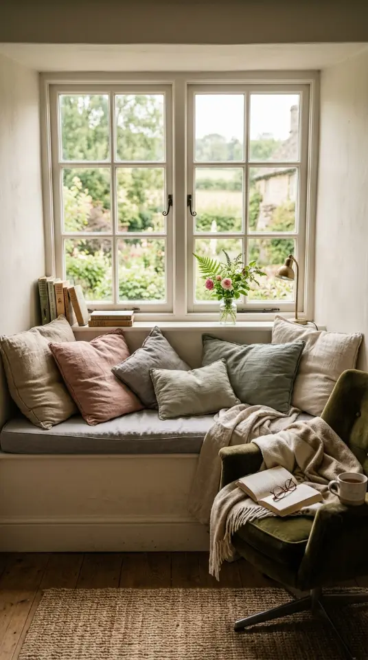 15 Light Linen Swivel Reading Chair Bedroom Nook Ideas 2 2. Window Seat Scattered with Pillows