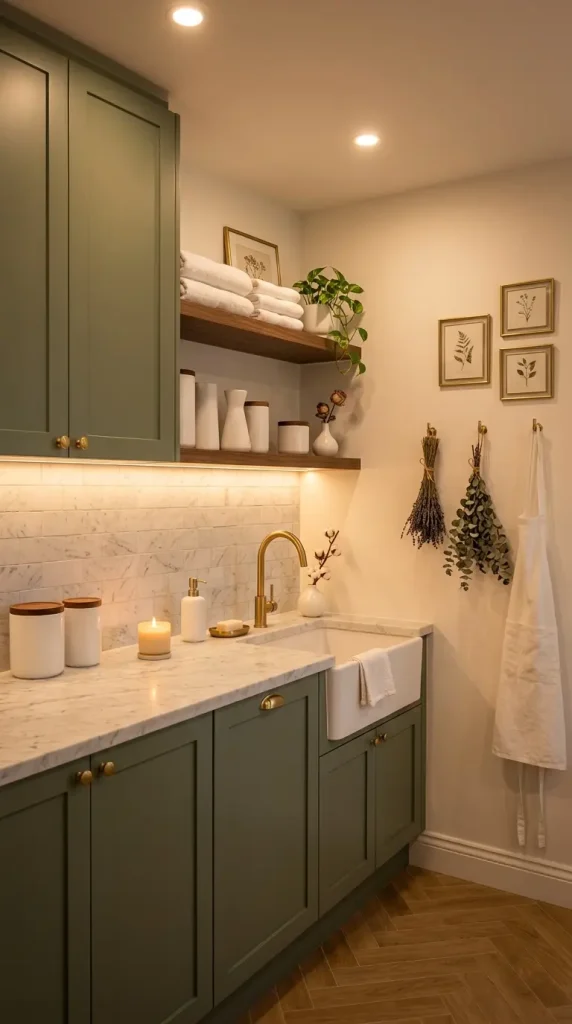 20 Luxury Laundry Room Ideas Sage Green Walnut Warm Style 20 20. Sage Green and Walnut Laundry Room Fully Styled With Linen and Botanicals
