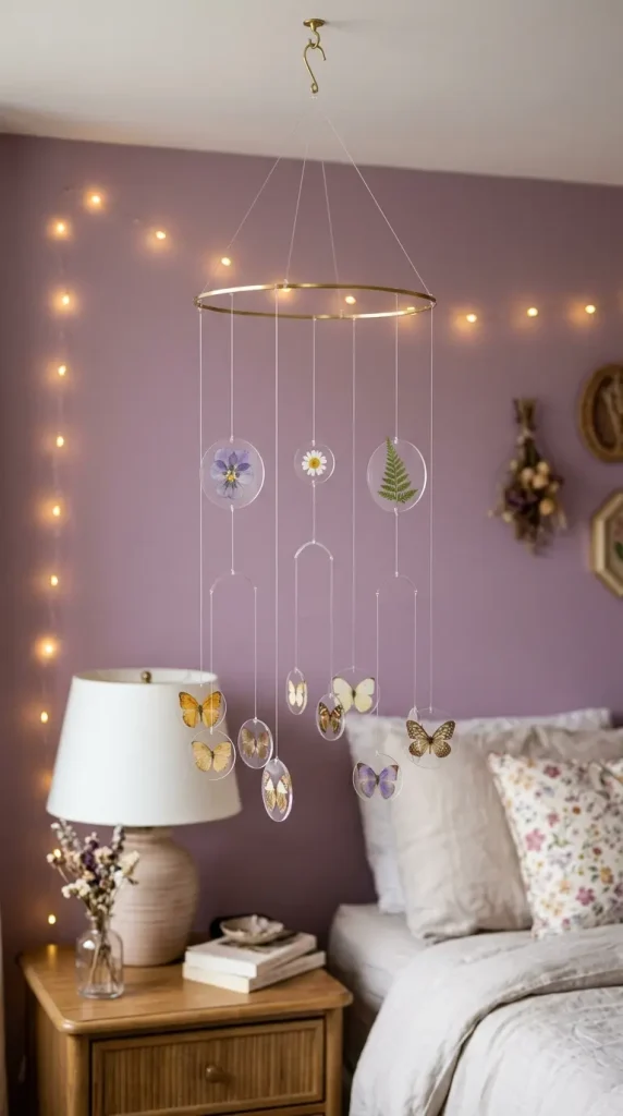 24 Apartment Bedroom Decor Pastel Dreamy Feminine Style 21 21. The Butterfly and Pressed Flora Mobile