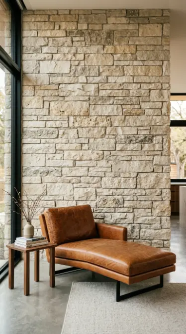 24 Chaise Lounge Modern Leather Statement Living Room 22 22. The Leather Chaise with Natural Stone Feature Wall