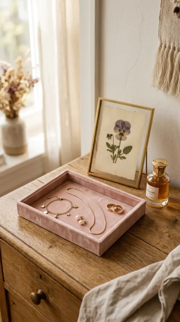 24 Apartment Bedroom Decor Pastel Dreamy Feminine Style 22 22. The Velvet Jewelry Tray on the Dresser