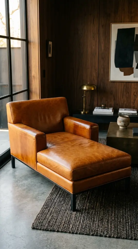 24 Chaise Lounge Modern Leather Statement Living Room 23 23. The Saddle Leather Chaise — Structured Working-Leather Aesthetic