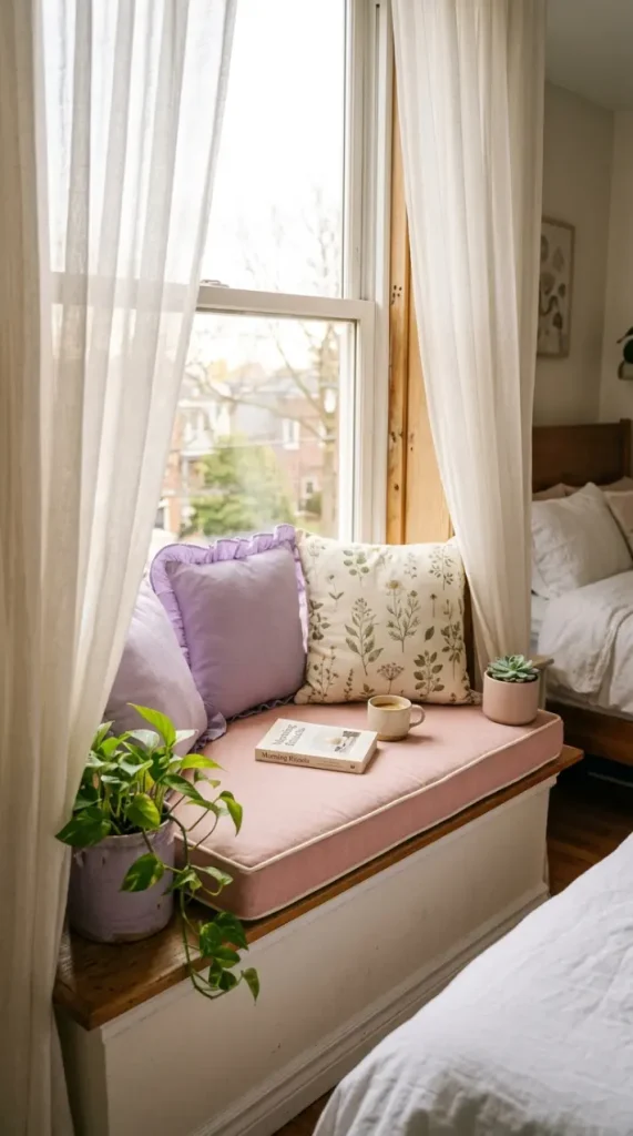 24 Apartment Bedroom Decor Pastel Dreamy Feminine Style 23 23. The Window Seat with Cushion and Pillows