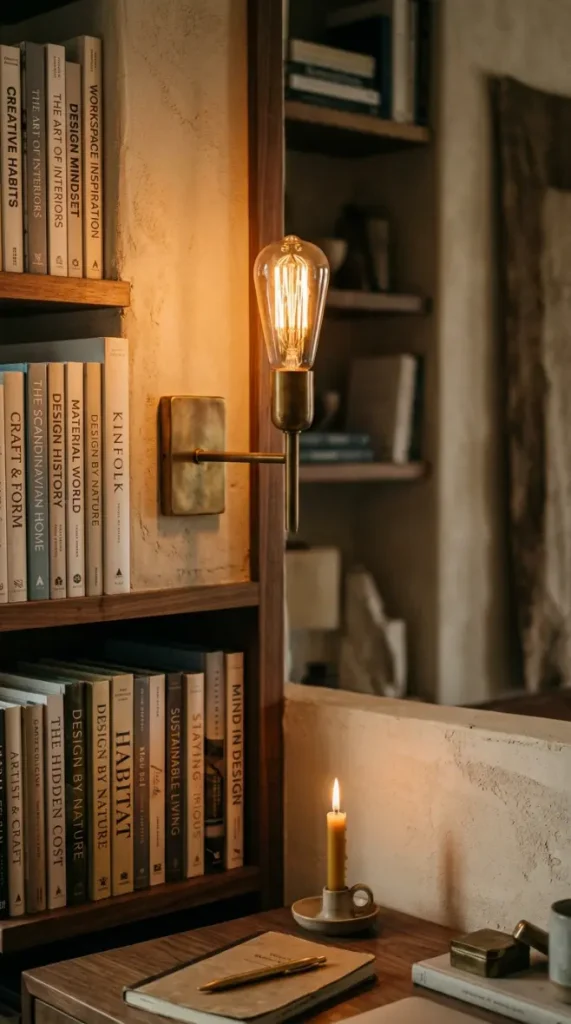18 Cozy Office Aesthetic Candlelight Bookshelf Warm Style 3 3. A Brass Wall Sconce With Warm Edison Bulb