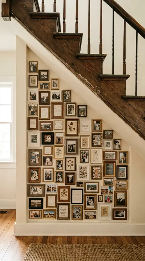 13 Small Thrifted Gallery Wall Ideas for Staircases 3 3. A Cluster of Tiny Frames Filling the Awkward Triangle Under the Stairs