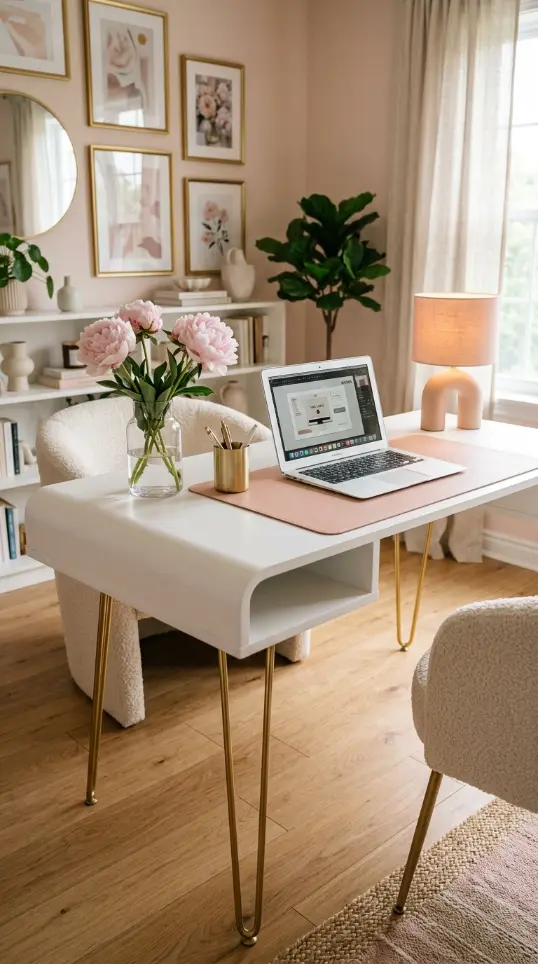 12 Home Office Ideas for Women Blush Gallery Wall Curved 3 3. A Curved-Edge White Desk With Gold Legs