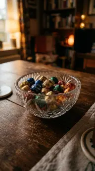 15 Vintage Glassware Ideas for an Eclectic Table 3 3. A Cut-Crystal Candy Dish Half-Full of Foil-Wrapped Chocolates