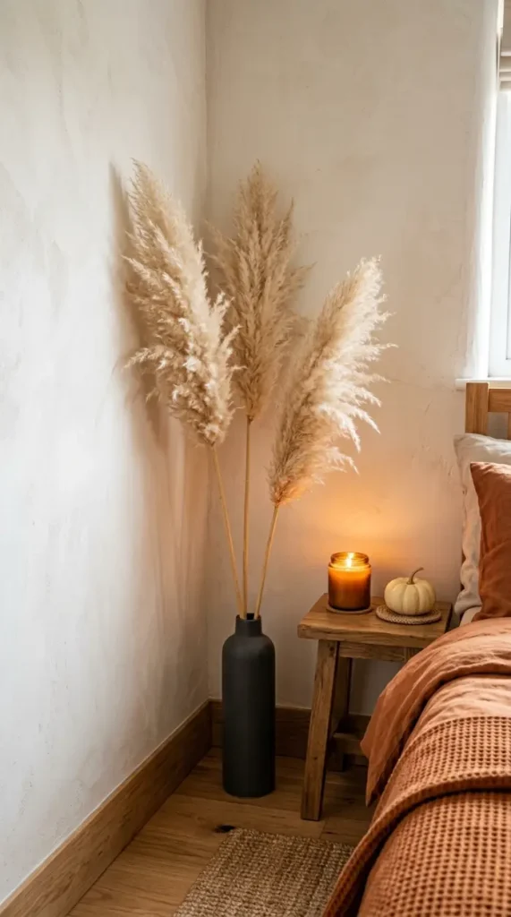 15 Small Space Fall Decorating Ideas Bedroom Corner Style 3 3. A Dark Slim Vase With Dried Pampas in the Corner