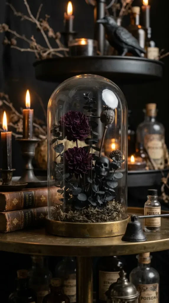 15 Halloween Tiered Tray Ideas Elegant Dark Moody Style 3 3. A Glass Cloche With a Dark Botanical Scene Inside