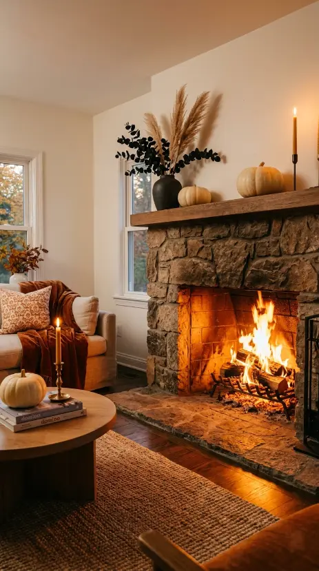 14 Fall Home Decor Ideas Warm Neutral Living Room Style 3 3. A Lit Fireplace as the Room's Fall Anchor