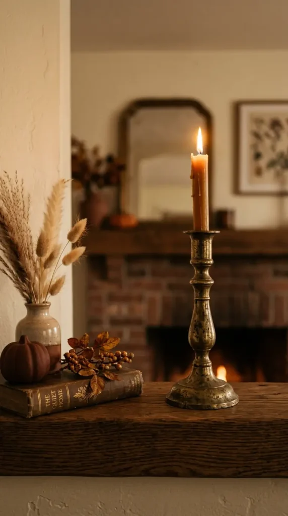 18 Collected Fall Mantel Styling Ideas That Feel Easy 3 3. A Single Brass Candlestick Standing Off Center