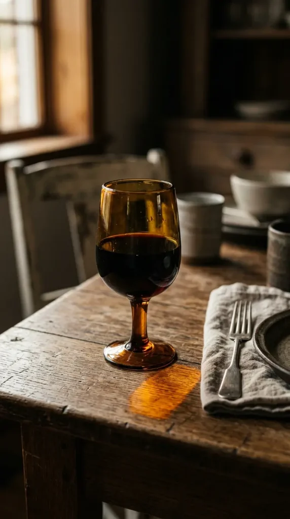 14 Moody Centerpiece Ideas for an Effortless Table 3 3. A Single Dark Amber Wine Glass Left Half Full Beside the Setting