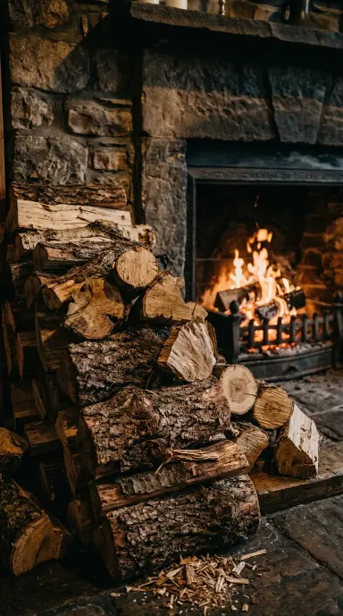 16 Moody Fall Fireplace Ideas for a Cozy Sanctuary 3 3. A Stack of Firewood Left Close Enough to Smell the Bark