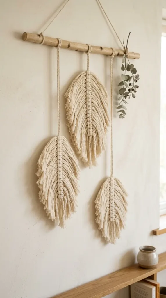 13 DIY Fall Home Decor Project Macramé Leaf Wall Hanging 3 3. A Three-Leaf Cascading Wall Hanging
