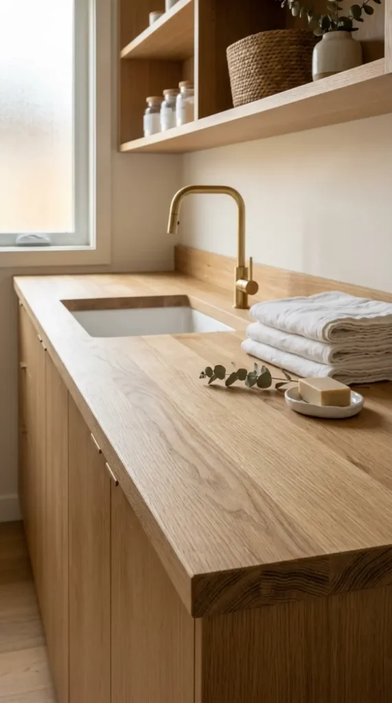 15 Elegant Laundry Room Ideas Warm White Oak Scandinavian Style 3 3. A White Oak Butcher Block Worktop