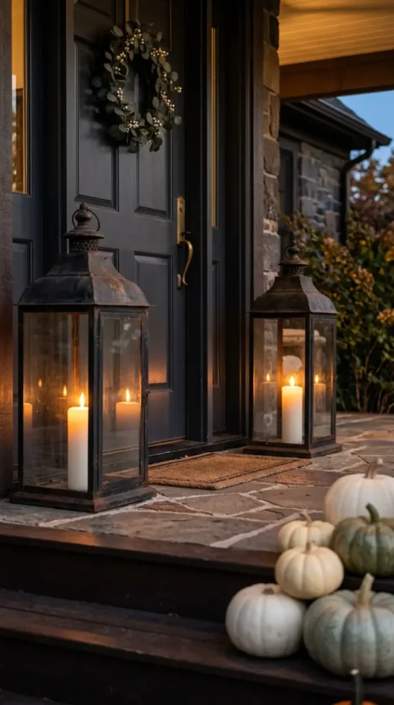12 Neutral Halloween Decor Ideas for a Chic Front Porch 3 3. Aged Black Iron Lanterns With Pillar Candles
