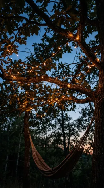 17 Summer Cottagecore Hammock Sitting Area Dusk Glow 3 3. Amber Fairy Lights Strung Between Branches
