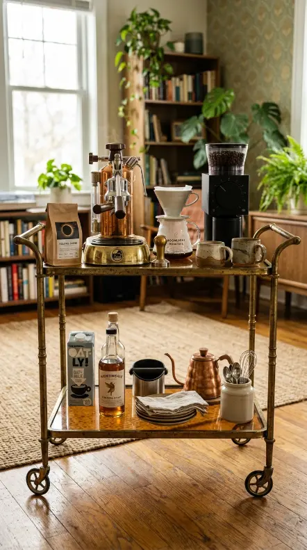 19 Eclectic Coffee Station Ideas With Vintage Charm 3 3. Antique Bar Cart as the Coffee Station