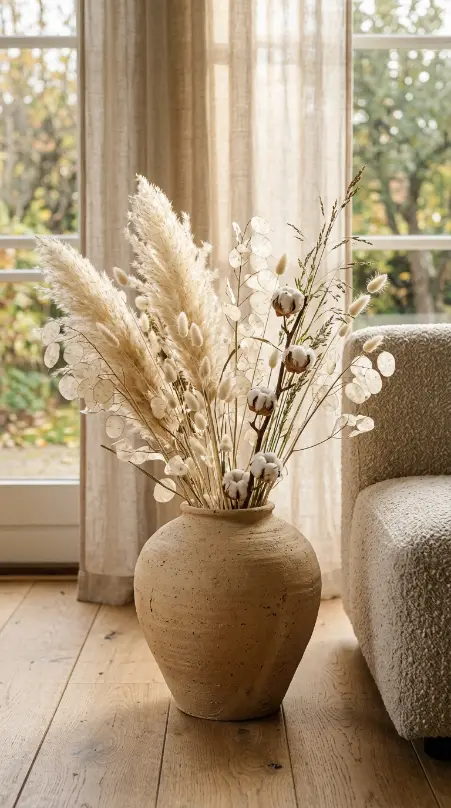 15 Fall Home Decor Ideas Scandinavian Minimal Warm Style 3 3. Arrange Dried Botanicals in Raw Clay Vases