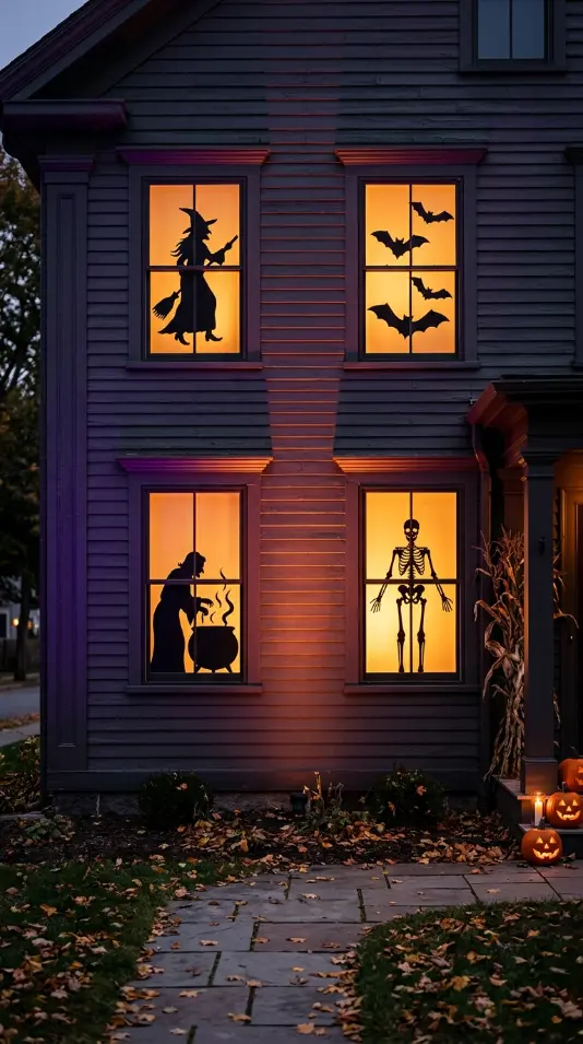 12 Outdoor Halloween Display Haunted House Front Yard 3 3. Black Silhouette Cutouts in Every Lit Window