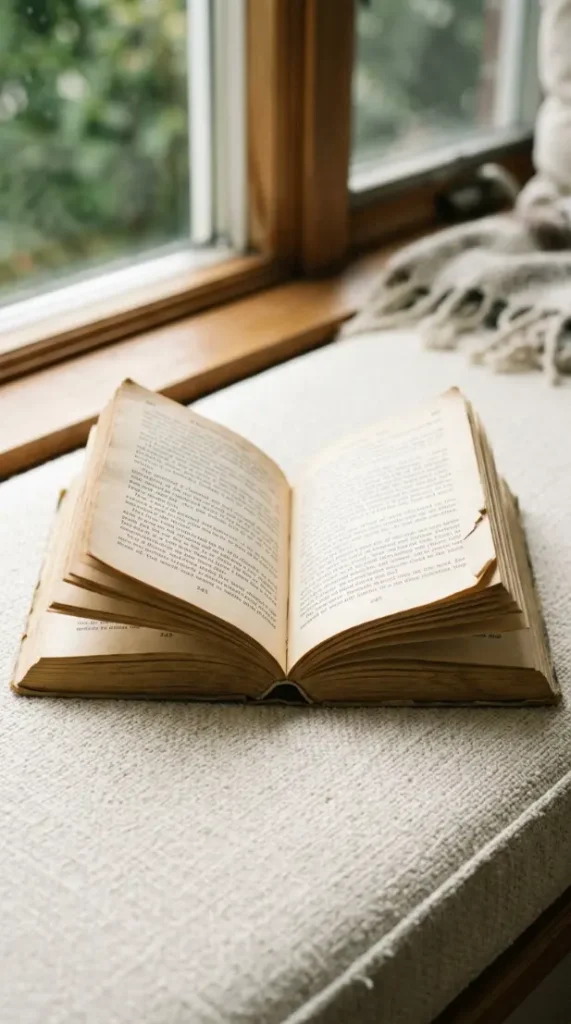 14 Curtained Window Reading Nook Soft Dreamy Corner Ideas 3 3. Book Left Open Face Down on the Cushion