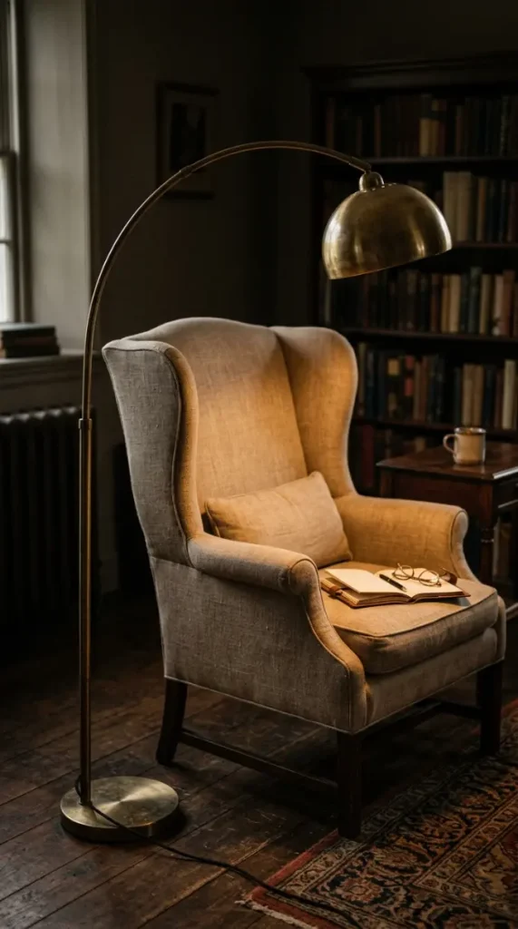13 Light Linen Wingback Reading Chair Bookshelf Corner 3 3. Brass Arc Reading Lamp