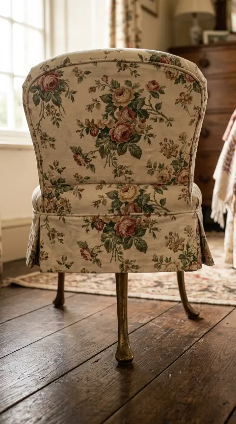 19 Reading Chair in Bedroom Vintage Floral Slipper Corner 3 3. Brass Cabriole Legs Beneath the Skirted Seat