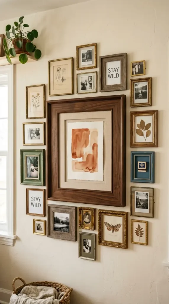 11 Thrifted Gallery Wall Ideas With Mismatched Frames 3 3. Chipped Bamboo Frame Leaning Into a Curved Brass Oval