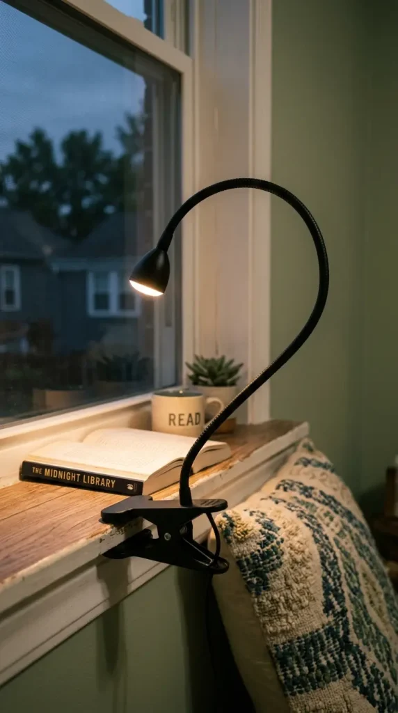 15 Small Apartment Window Reading Nook Renter Friendly Ideas 3 3. Clip On Reading Lamp Clamped to the Sill