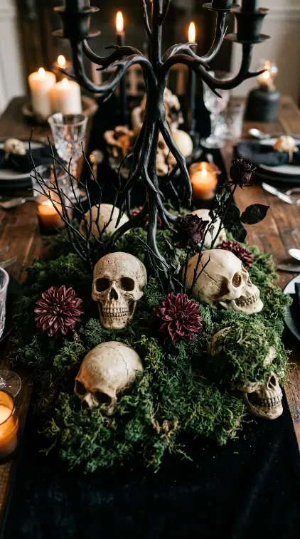 15 DIY Halloween Centerpieces Gothic Candelabra Dinner Table Look 3 3. Create a Skull and Preserved Moss Candelabra Base