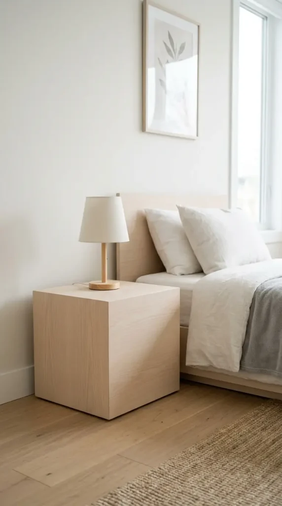 13 Boys Room Decor Modern Minimalist Neutral Calm 3 3. Cube Shaped Wood Nightstand